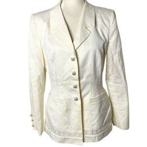 Vintage 90s Escada Couture Embroidered Blazer 8 Cream Buttons Pockets Lined Lace